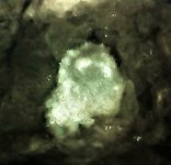 Strontianite on calcite, Caldwell Stone, Danville, KY 10X, LWUV 365nm.jpg