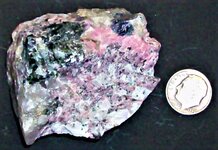 Rhodonite, Calcite, Willemite, Sterling Hill Mine, Odgen, Sussex Co., NJ, US dime for scale, n...JPG