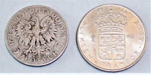 Poland 1933 5ZLTYCH5 & Sweden 1964 Gustaf VI Adolf Rev.JPG