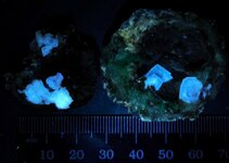 Calcite on quartz druse, Halls Gap, Lincoln Co., KY, MW 301nm.jpg