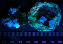 Calcite on quartz druse, Halls Gap, Lincoln Co., KY, SW 254nm.jpg