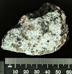 Hydrozincite coating Calcite & Franklinite (NF), Franklin Mine dumps, Franklin, Sussex Co., NJ...jpg