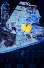 Fluorapatite on mica and feldspar, Pakistan, LW 365nm.jpg